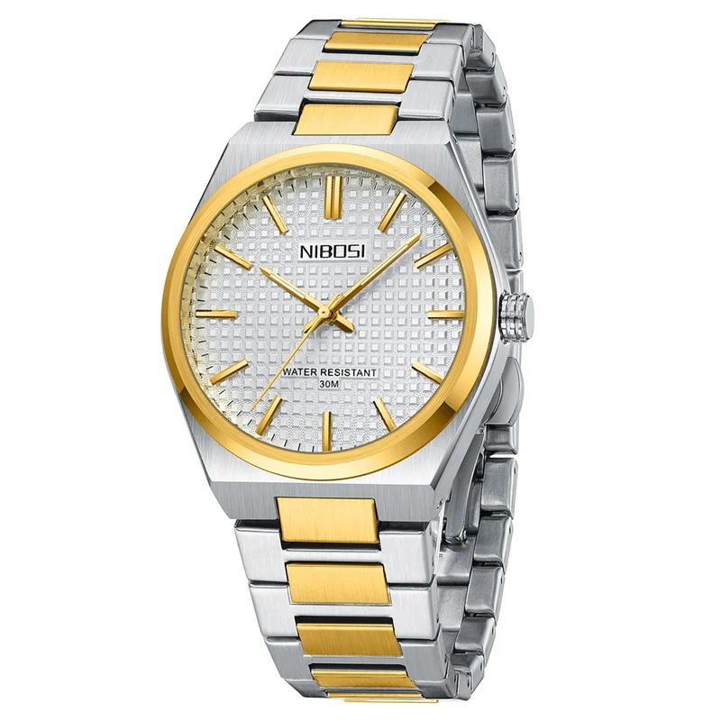 NIBOSI 2663 Relógio de Pulso Quartz para Homens de Negócios com Pulseira de Aço Inoxidável e Mostrador Luminoso - Pulseira Prata+Dourada / Mostrador Branco