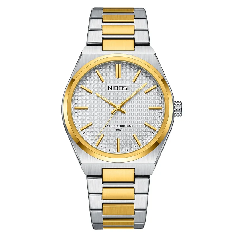NIBOSI 2663 Relógio de Pulso Quartz para Homens de Negócios com Pulseira de Aço Inoxidável e Mostrador Luminoso - Pulseira Prata+Dourada / Mostrador Branco