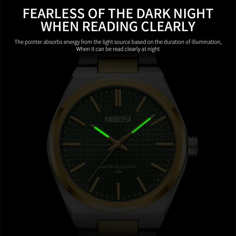 NIBOSI 2663 Relógio de Pulso Quartz para Homens de Negócios com Pulseira de Aço Inoxidável e Mostrador Luminoso - Pulseira Prata+Dourada / Mostrador Branco