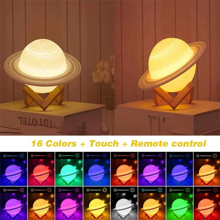 13cm Saturn Lamp with Wood Stand 16 Colors LED 3D Print Decor USB Rechargeable Remote & Touch Control Nursery Night Light