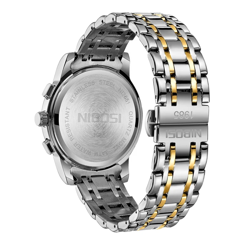 NIBOSI 2651 Stylish Steel Strap Quartz Watch 3 Small Dials Luminous Men Wrist Watch - Silver+Gold Strap / Blue Dial
