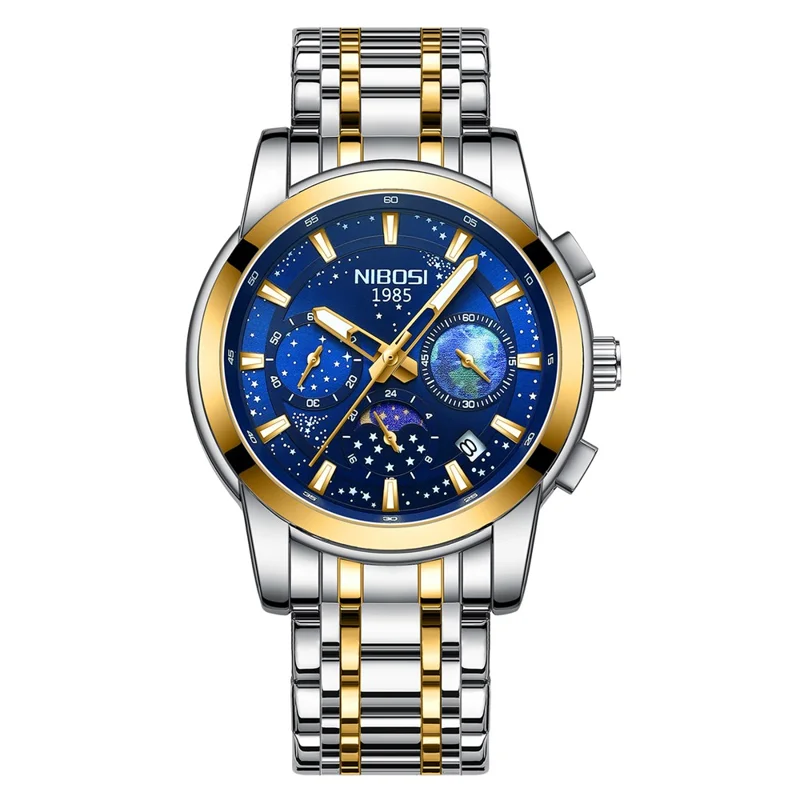 NIBOSI 2651 Stylish Steel Strap Quartz Watch 3 Small Dials Luminous Men Wrist Watch - Silver+Gold Strap / Blue Dial