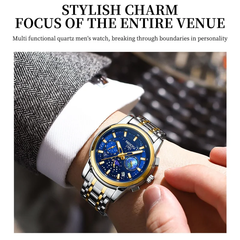 NIBOSI 2651 Stylish Steel Strap Quartz Watch 3 Small Dials Luminous Men Wrist Watch - Silver+Gold Strap / Blue Dial