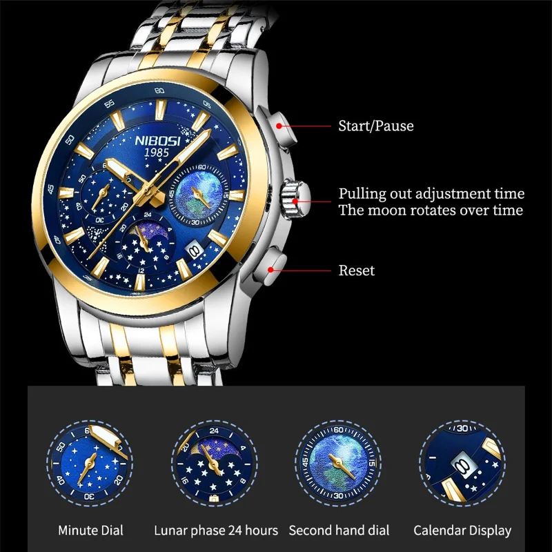 NIBOSI 2651 Stylish Steel Strap Quartz Watch 3 Small Dials Luminous Men Wrist Watch - Silver+Gold Strap / Blue Dial
