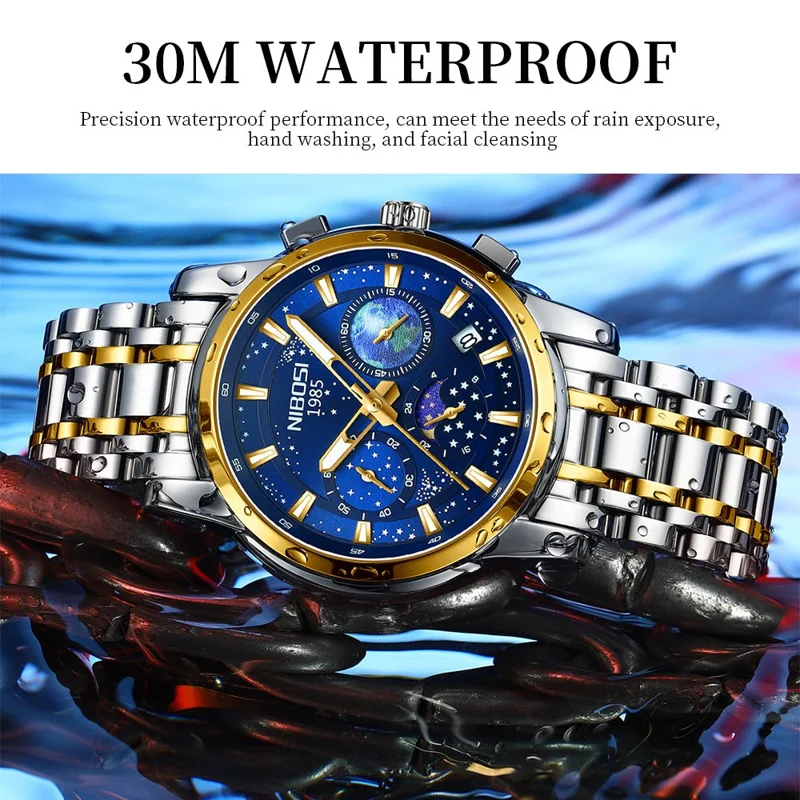NIBOSI 2651 Stylish Steel Strap Quartz Watch 3 Small Dials Luminous Men Wrist Watch - Silver+Gold Strap / Blue Dial