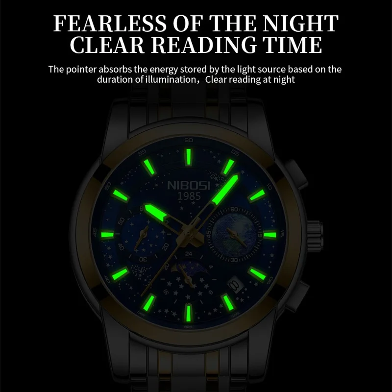 NIBOSI 2651 Stylish Steel Strap Quartz Watch 3 Small Dials Luminous Men Wrist Watch - Silver+Gold Strap / Blue Dial