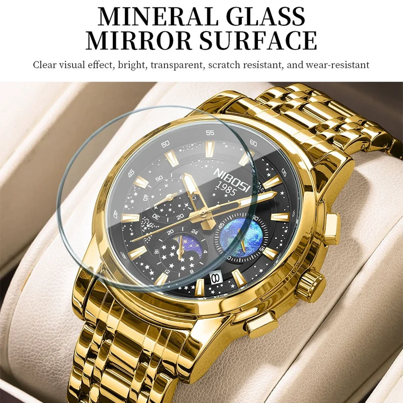 NIBOSI 2651 Stylish Steel Strap Quartz Watch 3 Small Dials Luminous Men Wrist Watch - Silver+Gold Strap / Blue Dial