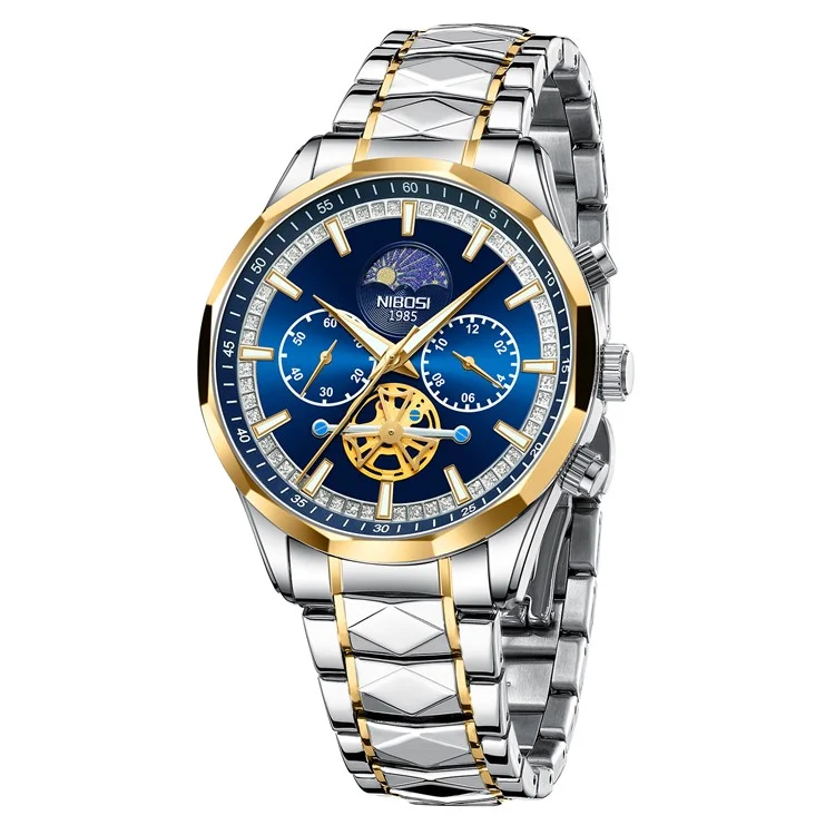 NIBOSI 2656 Stilvolle Stahlarmband-Quarzuhr, leuchtende Business-Herrenuhr - Silber+Gold Armband / Blaues Zifferblatt