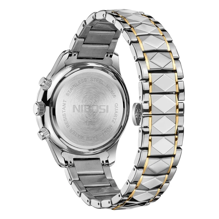 NIBOSI 2656 Stilvolle Stahlarmband-Quarzuhr, leuchtende Business-Herrenuhr - Silber+Gold Armband / Blaues Zifferblatt
