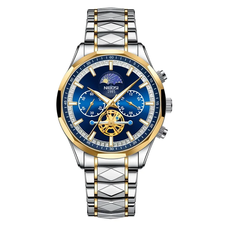 NIBOSI 2656 Stilvolle Stahlarmband-Quarzuhr, leuchtende Business-Herrenuhr - Silber+Gold Armband / Blaues Zifferblatt