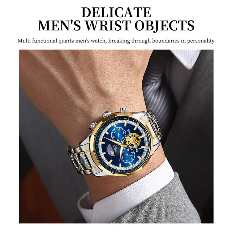 NIBOSI 2656 Stilvolle Stahlarmband-Quarzuhr, leuchtende Business-Herrenuhr - Silber+Gold Armband / Blaues Zifferblatt