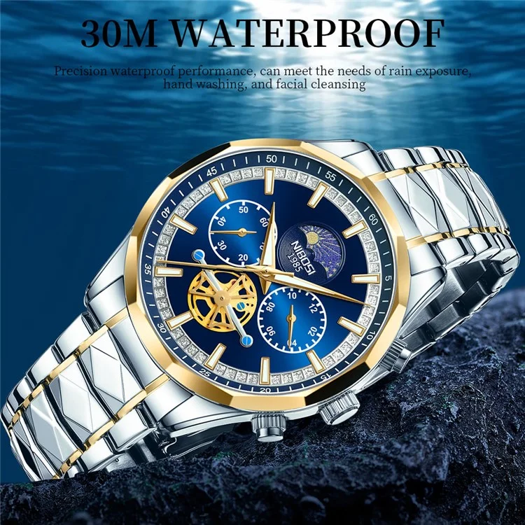 NIBOSI 2656 Stilvolle Stahlarmband-Quarzuhr, leuchtende Business-Herrenuhr - Silber+Gold Armband / Blaues Zifferblatt