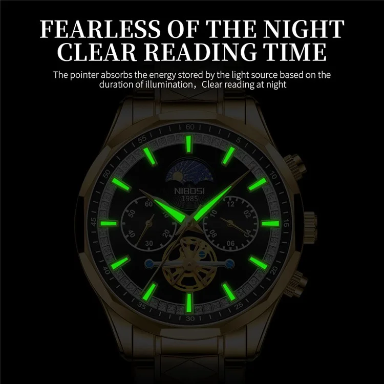 NIBOSI 2656 Stilvolle Stahlarmband-Quarzuhr, leuchtende Business-Herrenuhr - Silber+Gold Armband / Blaues Zifferblatt
