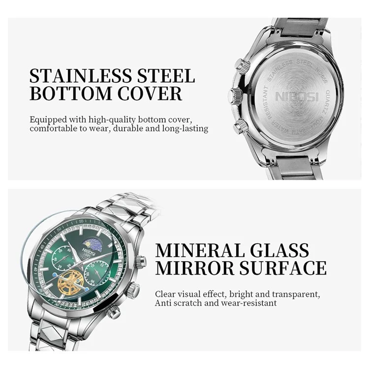 NIBOSI 2656 Stilvolle Stahlarmband-Quarzuhr, leuchtende Business-Herrenuhr - Silber+Gold Armband / Blaues Zifferblatt