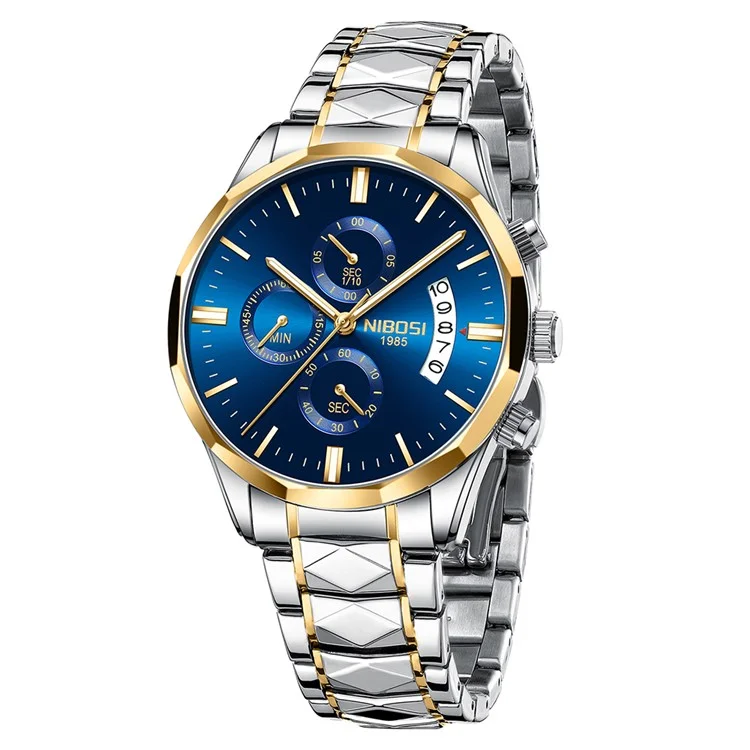 NIBOSI 2655 stilvolle Business-Herrenuhr mit Stahlarmband, Quarz, Leuchtkalender, Armbanduhr - Silber+Goldarmband / Blaues Zifferblatt