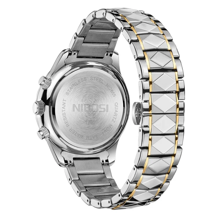 NIBOSI 2655 stilvolle Business-Herrenuhr mit Stahlarmband, Quarz, Leuchtkalender, Armbanduhr - Silber+Goldarmband / Blaues Zifferblatt