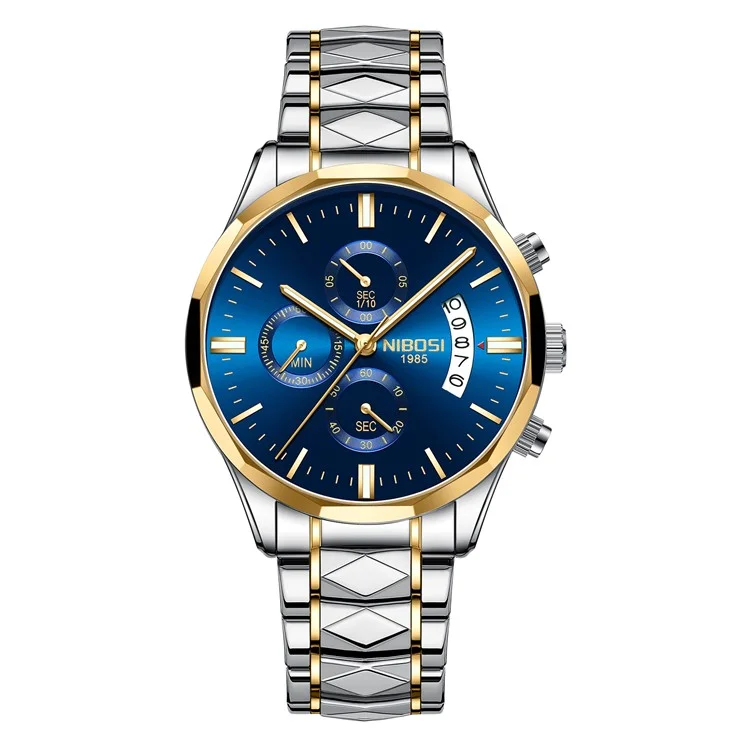 NIBOSI 2655 stilvolle Business-Herrenuhr mit Stahlarmband, Quarz, Leuchtkalender, Armbanduhr - Silber+Goldarmband / Blaues Zifferblatt