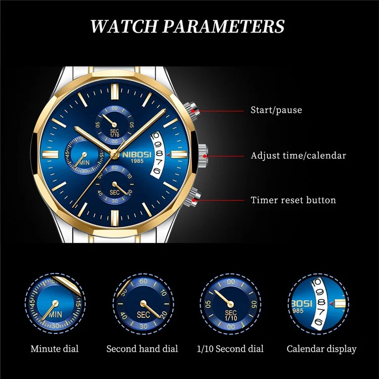 NIBOSI 2655 stilvolle Business-Herrenuhr mit Stahlarmband, Quarz, Leuchtkalender, Armbanduhr - Silber+Goldarmband / Blaues Zifferblatt