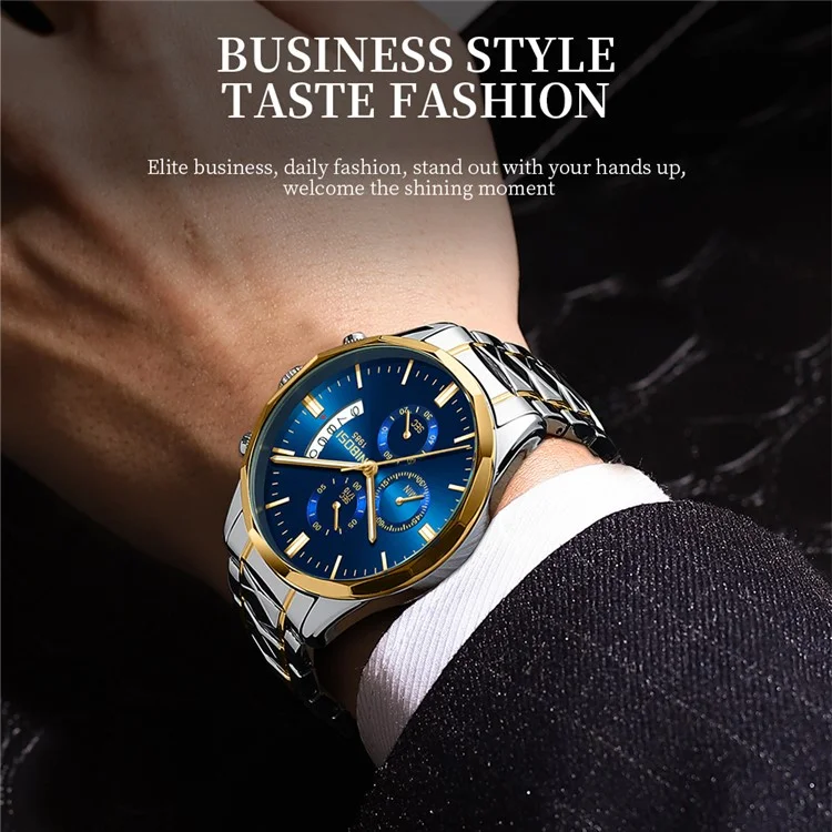 NIBOSI 2655 stilvolle Business-Herrenuhr mit Stahlarmband, Quarz, Leuchtkalender, Armbanduhr - Silber+Goldarmband / Blaues Zifferblatt