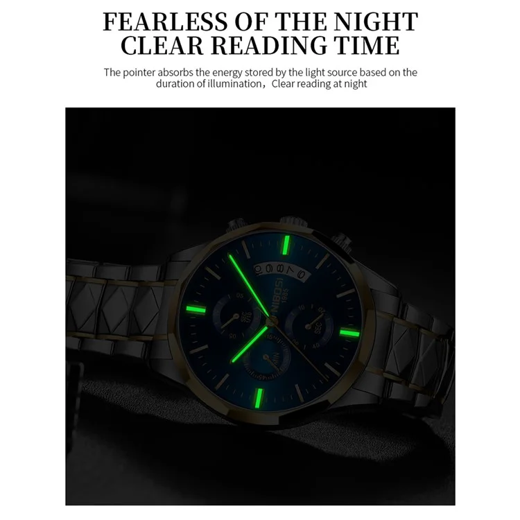 NIBOSI 2655 stilvolle Business-Herrenuhr mit Stahlarmband, Quarz, Leuchtkalender, Armbanduhr - Silber+Goldarmband / Blaues Zifferblatt