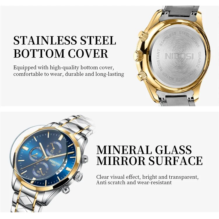 NIBOSI 2655 stilvolle Business-Herrenuhr mit Stahlarmband, Quarz, Leuchtkalender, Armbanduhr - Silber+Goldarmband / Blaues Zifferblatt