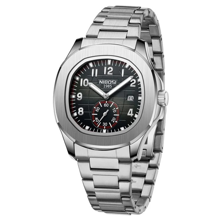 NIBOSI 2653 Stilvolle Sport Herren Armbanduhr Leuchtender Kalender Quarzuhr - Schwarzes Zifferblatt / Stahlarmband