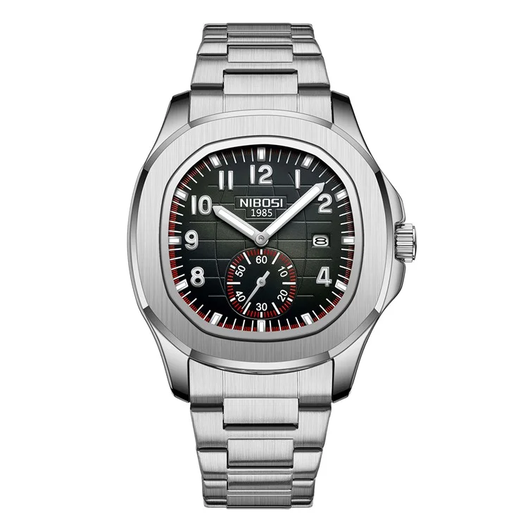 NIBOSI 2653 Stilvolle Sport Herren Armbanduhr Leuchtender Kalender Quarzuhr - Schwarzes Zifferblatt / Stahlarmband