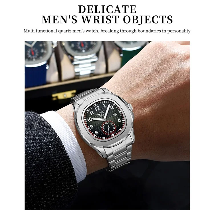 NIBOSI 2653 Stilvolle Sport Herren Armbanduhr Leuchtender Kalender Quarzuhr - Schwarzes Zifferblatt / Stahlarmband