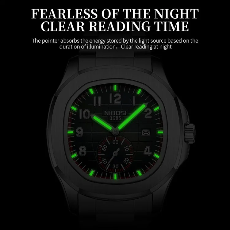 NIBOSI 2653 Stilvolle Sport Herren Armbanduhr Leuchtender Kalender Quarzuhr - Schwarzes Zifferblatt / Stahlarmband