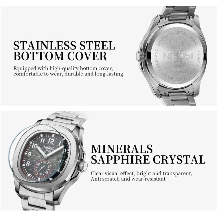 NIBOSI 2653 Stilvolle Sport Herren Armbanduhr Leuchtender Kalender Quarzuhr - Schwarzes Zifferblatt / Stahlarmband
