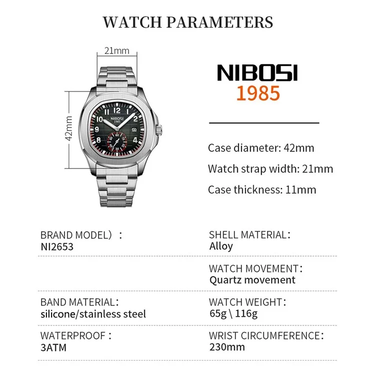 NIBOSI 2653 Stilvolle Sport Herren Armbanduhr Leuchtender Kalender Quarzuhr - Schwarzes Zifferblatt / Stahlarmband