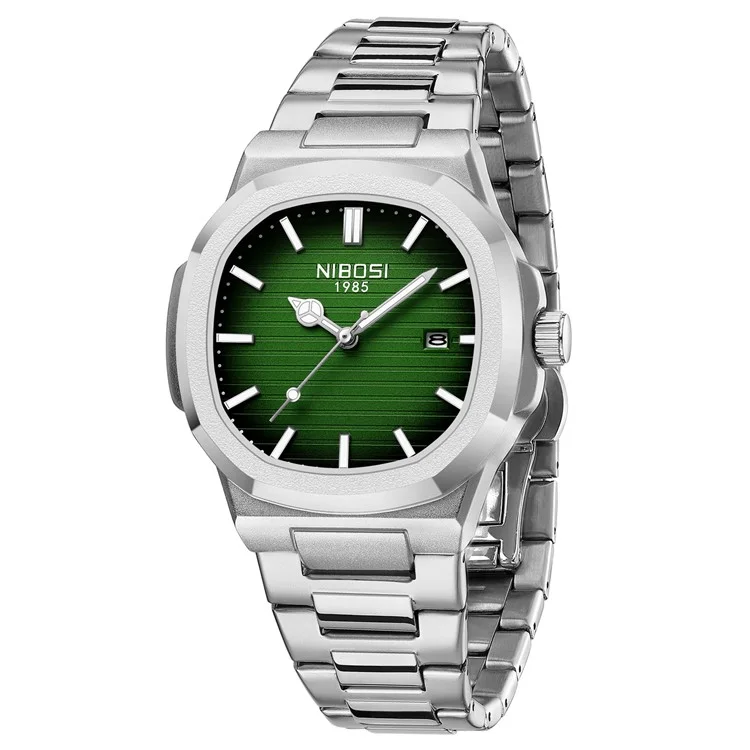 NIBOSI 2632 stilvolle Herren-Armbanduhr mit Stahlarmband, leuchtender Datumsanzeige und Quarzwerk - Silberarmband / Grünes Zifferblatt
