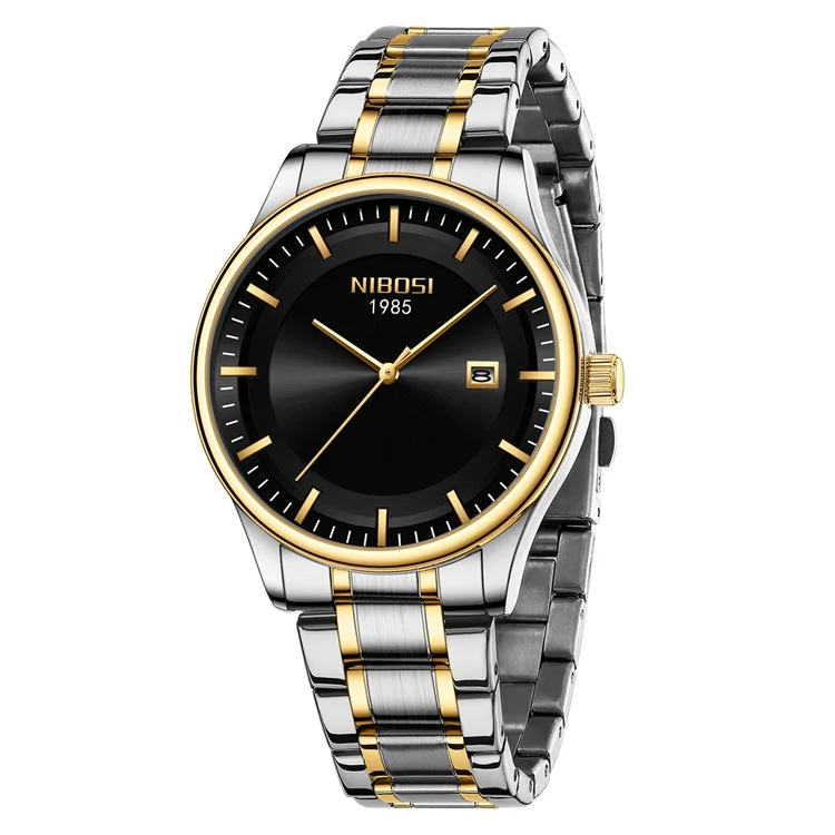 Reloj de pulsera cuarzo NIBOSI 2631 Classic Calendar para hombre, correa de acero - Correa plateada y dorada / Esfera negra