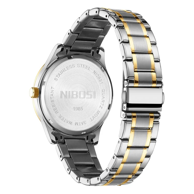 Reloj de pulsera cuarzo NIBOSI 2631 Classic Calendar para hombre, correa de acero - Correa plateada y dorada / Esfera negra