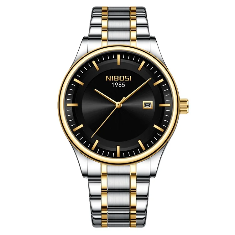 Reloj de pulsera cuarzo NIBOSI 2631 Classic Calendar para hombre, correa de acero - Correa plateada y dorada / Esfera negra