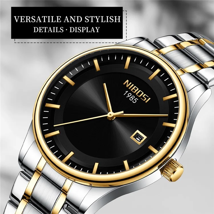 Reloj de pulsera cuarzo NIBOSI 2631 Classic Calendar para hombre, correa de acero - Correa plateada y dorada / Esfera negra