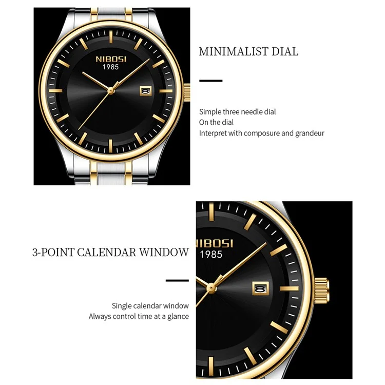 Reloj de pulsera cuarzo NIBOSI 2631 Classic Calendar para hombre, correa de acero - Correa plateada y dorada / Esfera negra