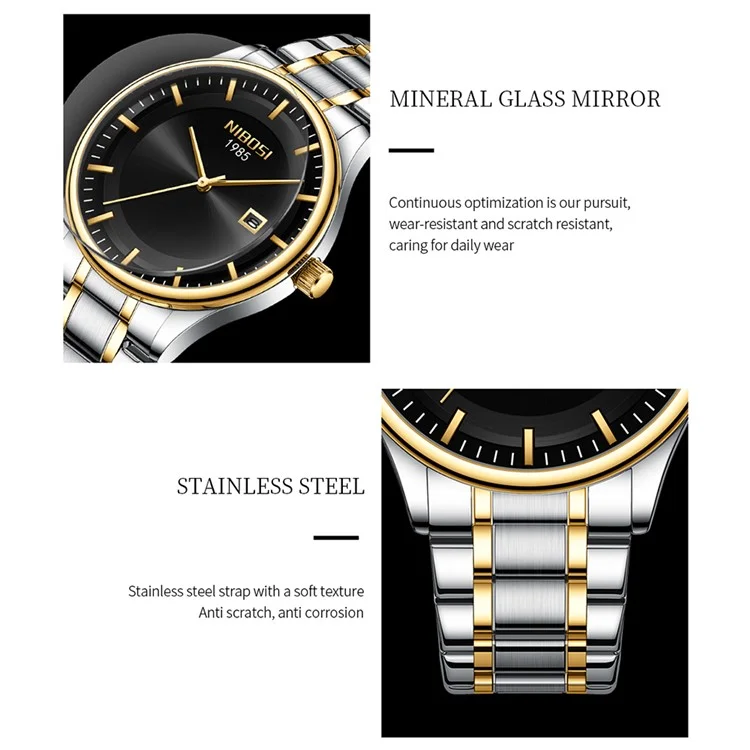 Reloj de pulsera cuarzo NIBOSI 2631 Classic Calendar para hombre, correa de acero - Correa plateada y dorada / Esfera negra