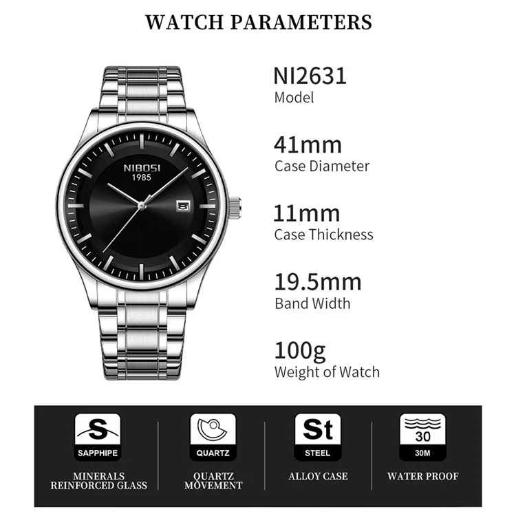 Reloj de pulsera cuarzo NIBOSI 2631 Classic Calendar para hombre, correa de acero - Correa plateada y dorada / Esfera negra