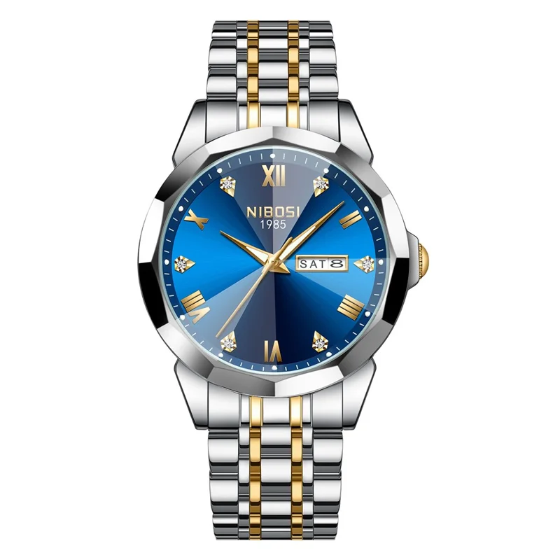 NIBOSI 2623 Stylish Rhinestone Decor Men Watch Steel Strap Luminous Calendar Quartz Watch - Silver+Gold Strap / Blue Dial