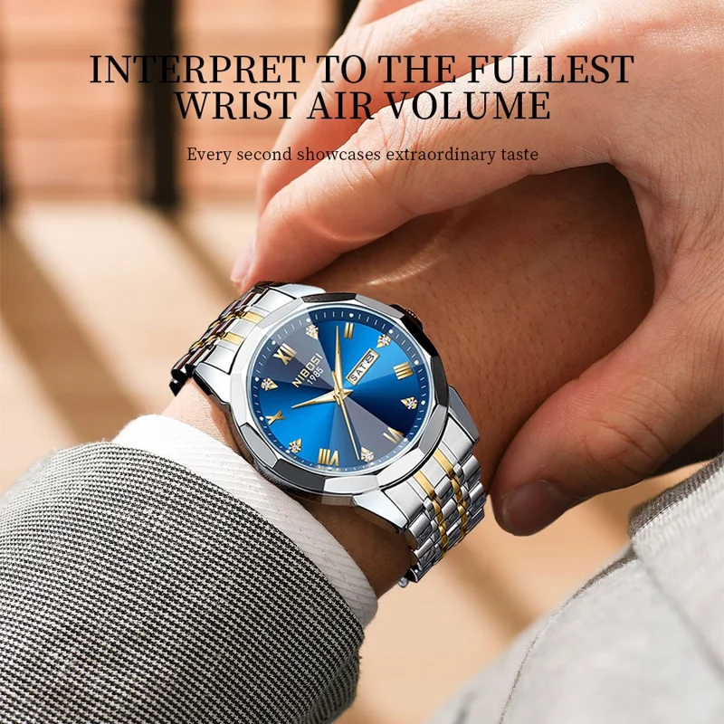 NIBOSI 2623 Stylish Rhinestone Decor Men Watch Steel Strap Luminous Calendar Quartz Watch - Silver+Gold Strap / Blue Dial