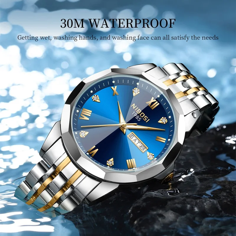 NIBOSI 2623 Stylish Rhinestone Decor Men Watch Steel Strap Luminous Calendar Quartz Watch - Silver+Gold Strap / Blue Dial
