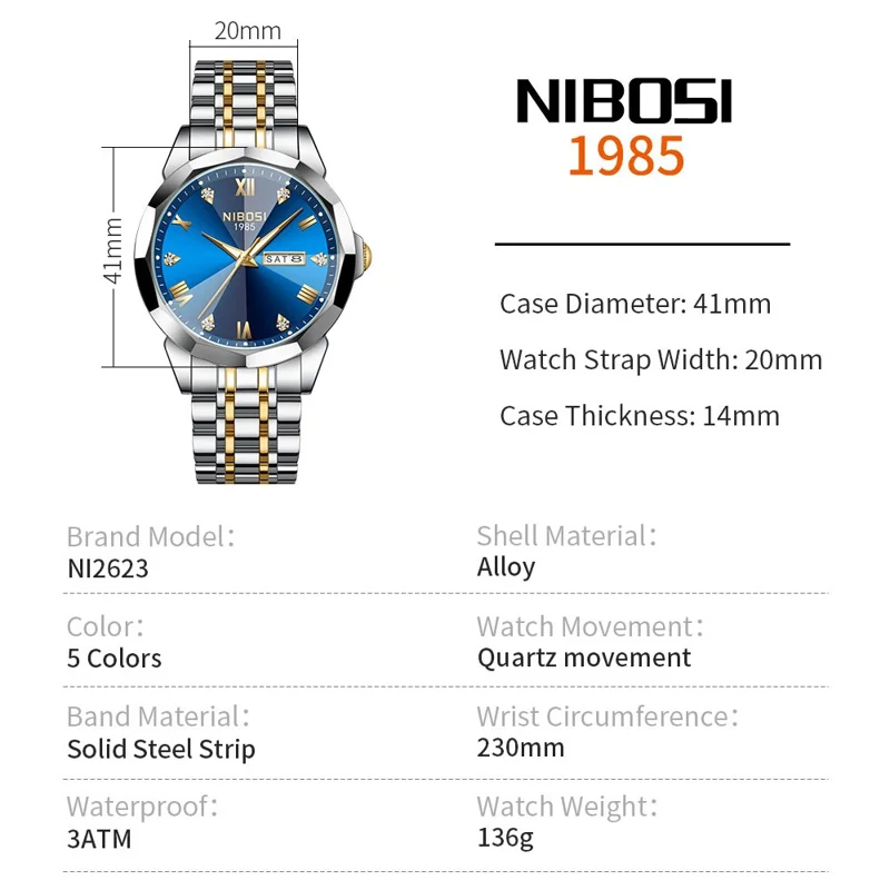 NIBOSI 2623 Stylish Rhinestone Decor Men Watch Steel Strap Luminous Calendar Quartz Watch - Silver+Gold Strap / Blue Dial