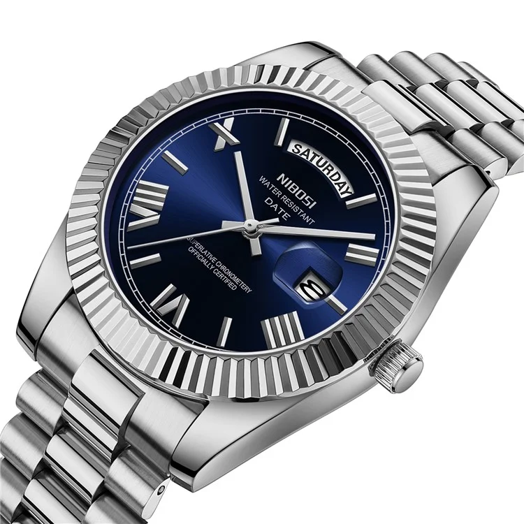 NIBOSI 2628 Modische Herren-Stahlband-Kalender-Quarzuhr - Silberarmband / Blaues Zifferblatt