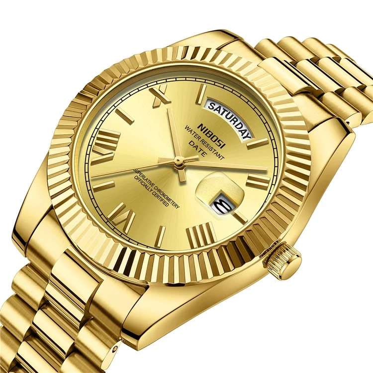 NIBOSI 2628 Orologio da uomo alla moda con cinturino in acciaio e calendario, al quarzo - Oro
