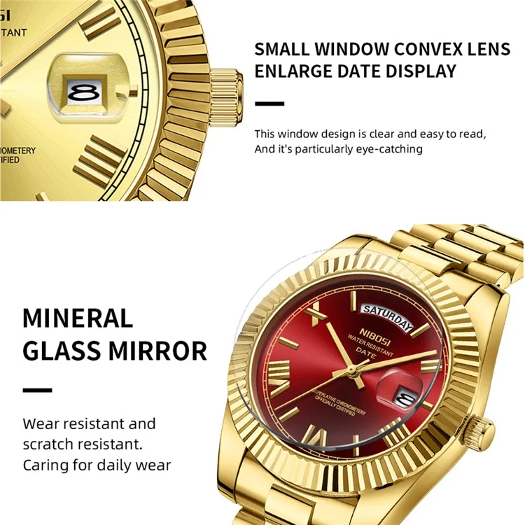 NIBOSI 2628 Orologio da uomo alla moda con cinturino in acciaio e calendario, al quarzo - Oro
