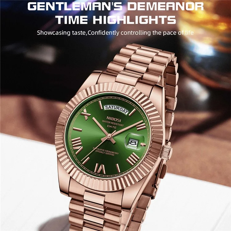 NIBOSI 2628 Orologio da uomo alla moda con cinturino in acciaio e calendario, al quarzo - Oro