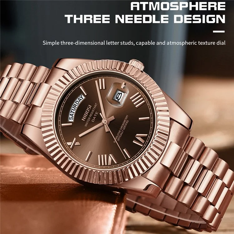 NIBOSI 2628 Orologio da uomo alla moda con cinturino in acciaio e calendario, al quarzo - Oro