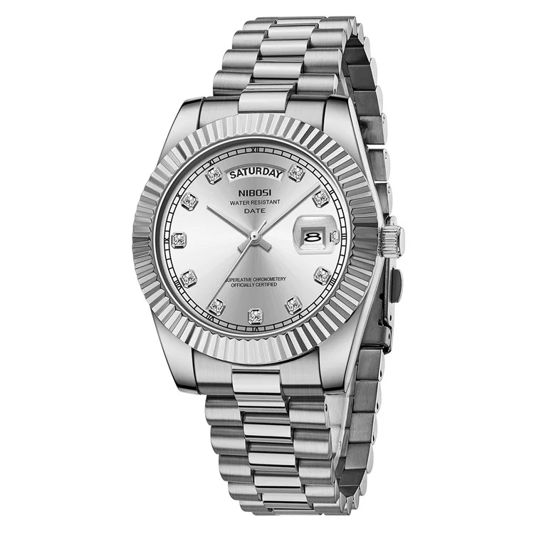 NIBOSI 2627 Rhinestone Dekor Männer Stahlarmband Kalender Quarzuhr - Silberarmband / Weißes Zifferblatt