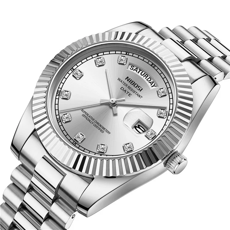 NIBOSI 2627 Rhinestone Dekor Männer Stahlarmband Kalender Quarzuhr - Silberarmband / Weißes Zifferblatt